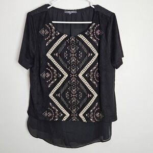 Miss‎ Me Blouse Size M Faux Suede Embroidered Layered Short Sleeves Boho Black